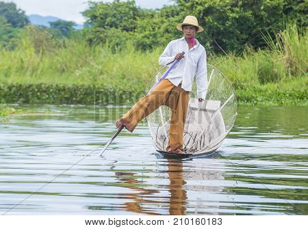 INLE LAKE MYANMAR - SEP 07 : Burmese fisherman at Inle lake Myanmar on September 07 2017 inle Lake is a freshwater lake located in Shan state