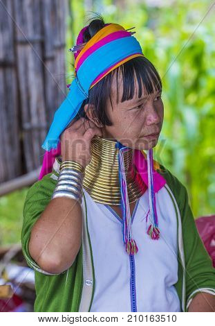 KAYAN STATE MYANMAR - SEP 09 : Portrait of Kayan tribe woman in Kayan state Myanmar on September 09 2017 Kayan tribe woman are well known for wearing neck rings.