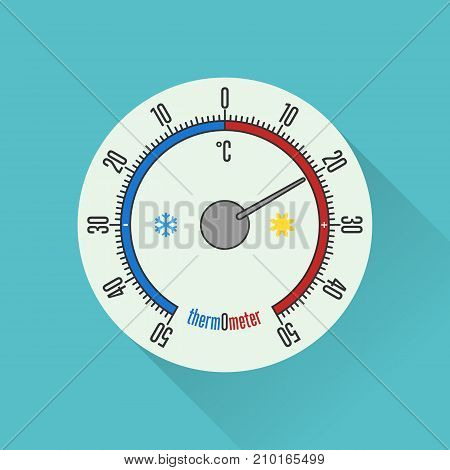 Round thermometer with a scale along the circumference, heat and cold. Flat stroke style. Vector illustration