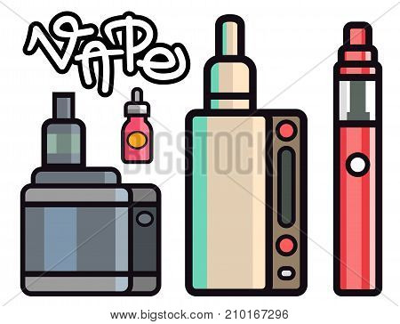 Vape device vector set cigarette vaporizer vapor juice vape bottle flavor illustration battery coil. Trend new culture electronic nicotine liquid. Smoking atomizer device e-liquid.