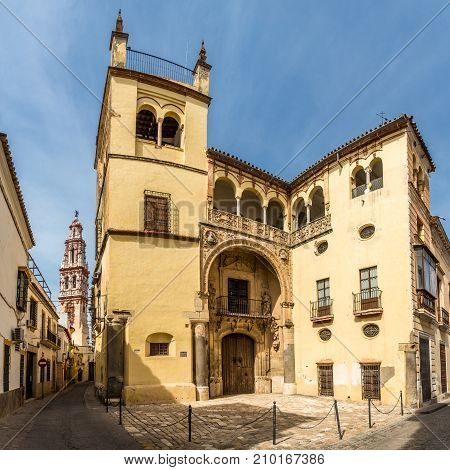 ECIJA,SPAIN - OCTOBER 1,2017 - View at the Palace of Valdehermoso with bell tower church of San Juan Bautista in Ecija. Ecija is a town belonging to the province of Seville.