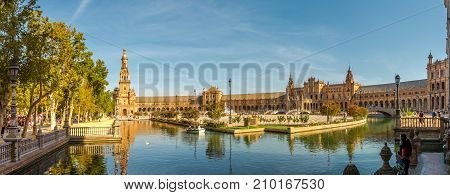 SEVILLA,SPAIN - OCTOBER 1,2017 - Panoramic view at the Place of Espana in Sevilla. Sevilla is situated on the plain of the river Guadalquivir.