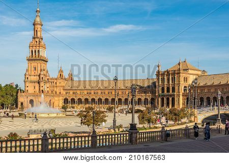 SEVILLA,SPAIN - OCTOBER 1,2017 - View at the Place of Espana with North tower in Sevilla. Sevilla is situated on the plain of the river Guadalquivir.