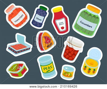 Collection of various tins canned goods food metal container grocery store and product storage aluminum flat label conserve vector illustration. Meal steel cylinder nutrition.