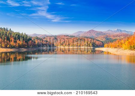 Panoramic view of Lokvarsko lake, beautiful colorful mountain autumn landscape, Lokve, Gorski kotar, Croatia