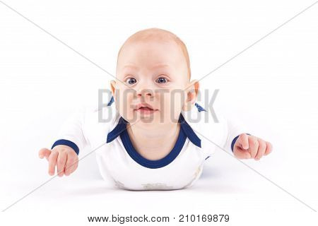 Happy Cute Little Boy In White Shirt And Trousers