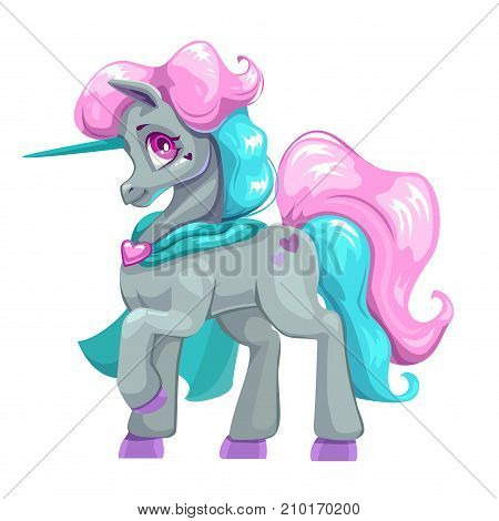Beautiful cartoon unicorn with colorful hair and mantle. Fantasy animal icon. Isolated vector girlish illustration.