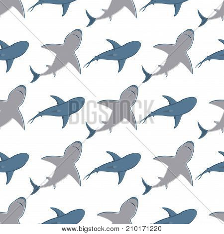 Vector illustration toothy swimming angry shark. Animal sea fish character underwater cute marine wildlife mascot seamless pattern background. Scary evil monster predator.