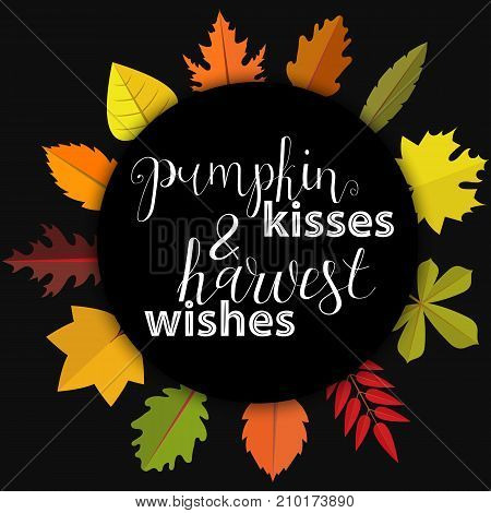Pumpkin kisses and harwest wishes. Card and poster design. Hand Lettered Quote. Modern Calligraphy. Thanksgiving phrase