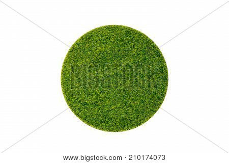 Artificial green grass in round plate on white background