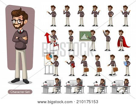 Set of hipster businessman cartoon character design with different poses, include with carrying messenger bag, isolated against white background.