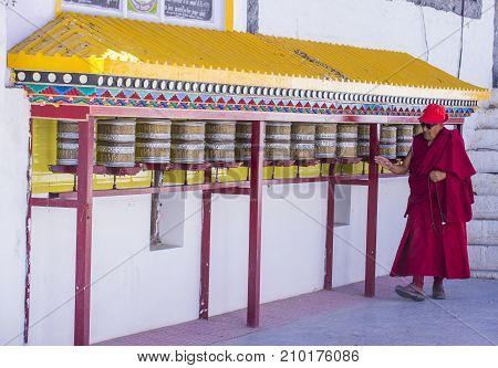 LEH INDIA - SEPTEMBER 20 2017: Buddhist Tibeti monk Participates in the Ladakh Festival in Leh India on September 20 2017