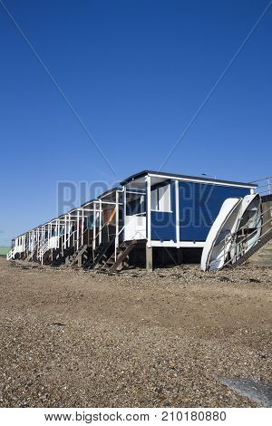 Beach Huts and boats at Thorpe Bay near Southend Essex England with room for text