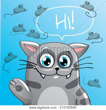 Vector illustration of cute cartoon hapy fun cat. Greeting card, postcard. Hi