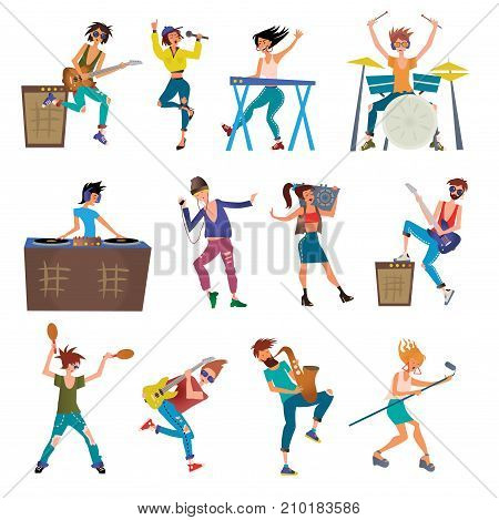 Musicians Cartoon Vector Characters Playing Musical Instruments. Drummer, Keyboardist, Singers, DJ, Dancer and Other. Illustration, Isolated on White Background.