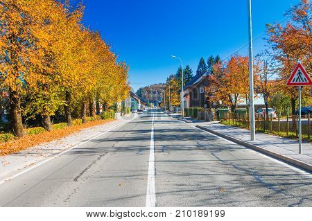 Road in the center of Delnice, small town in Gorski kotar, Croatia