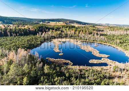 Aerial view on Chalupska moor in autumn Sumava National Park Czech Republic.