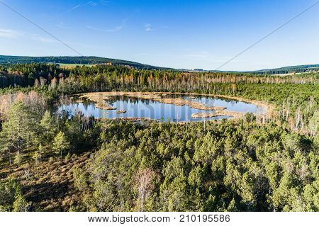 Aerial view on Chalupska moor in autumn Sumava National Park Czech Republic.
