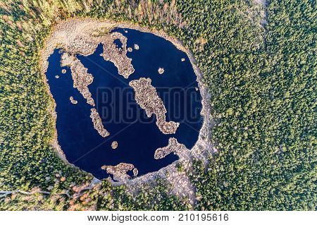 Aerial view on Chalupska moor in autumn Sumava National Park Czech Republic.