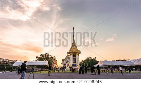 NAKHON PATHOM THAILAND - OCTOBER 21 : Replica of Royal Crematorium for His Majesty King Bhumibol Adulyadej at Buddhist park in Phutthamonthon district Nakhon Pathom Thailand on October 21 2017