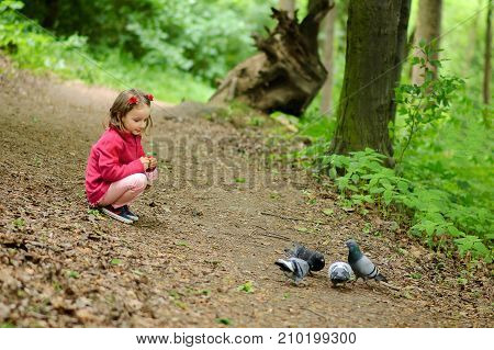 Small Girl feeds urban pigeons pigeons in the park.