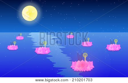 Loy Krathong festival in full moon night at Thailand.