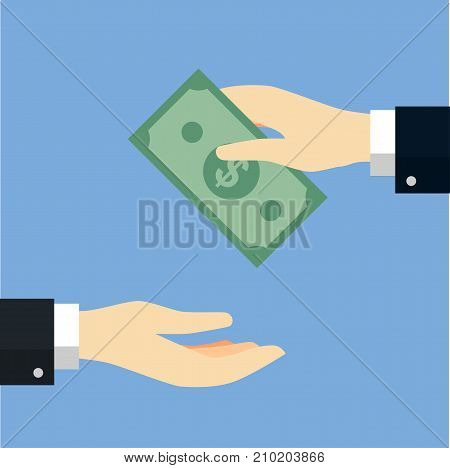 Businessman giving or offering bag of money to another hand. Receiving money concept. Vector Flat Design