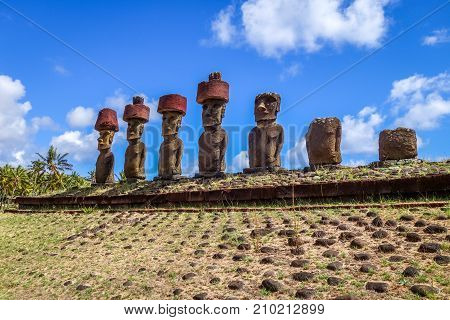 Moais Statues Site Ahu Nao Nao On Anakena Beach, Easter Island