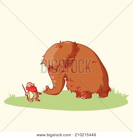Colorful vector illustration of a cartoon caveman and a woolly mammoth.