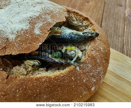 ahvenkukko - Finnish fish rye pie   , close up meal