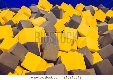 Multicolored Foam Cubes On The Playground In The Trampoline Center