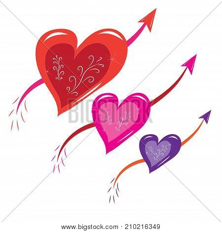 Three hearts with an ornament pierced by arrows