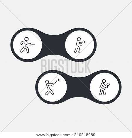 Collection Of Swordplay, Player, Box And Other Elements.  Set Of 4 Sport Outline Icons Set.