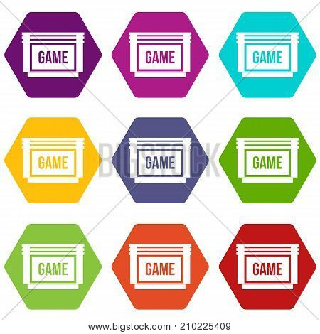 Game cartridge icon set many color hexahedron isolated on white vector illustration