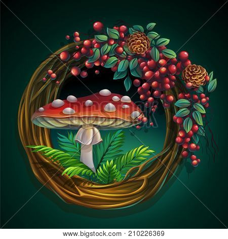 Vector cartoon illustration wreath of vines and leaves on a green background with ash berry cedar cones amanita mushroom
