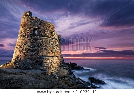 Floodlit Genoese Tower At Erbalunga In Corsica At Sunrise