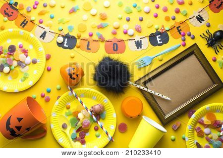 top view of halloween colorful party prop decor