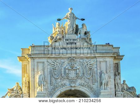 Rua Augusta Arch Baixa Praca de Comercio Palace Square Lisbon Portugal. Arch created 1755 to commemorate city's reconstruction from 1755 earthquake. Rua Augusta is main walking street in Lisbon.