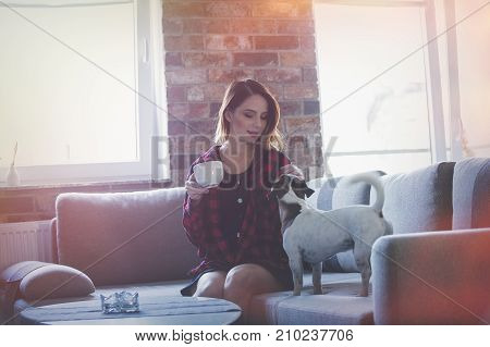 Portrait Of Young Woman With Cup Of Tea Or Coffee Sitting At Sofa With Pet.