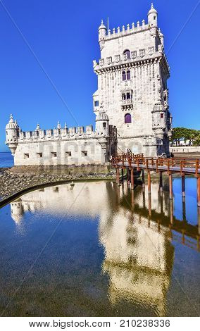 Belem Tower Torre de Belem Portuguese Symbol of Exploration Lisbon Portugal. Belem Tower was constructed in early 1500s on Tagus River and last point Portguese explorers saw when left Lisbon.