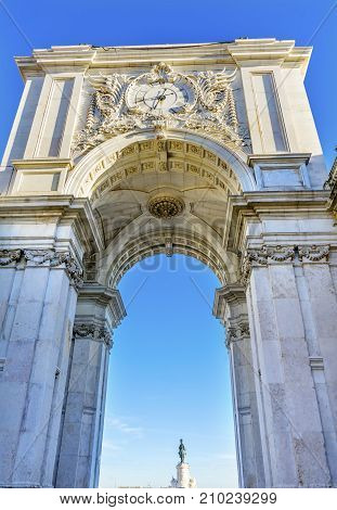 King Jose 1 Statue Rua Augusta Arch Baixa Praca de Comercio Palace Square Lisbon Portugal. Arch created 1755. Rua Augusta is main walking street in Lisbon.