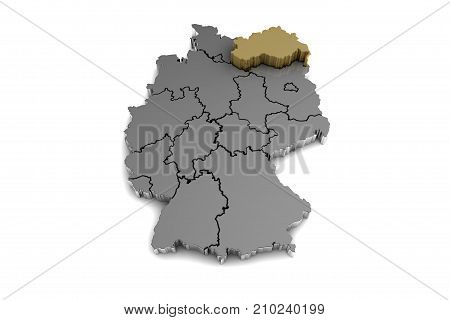 Metal germany map, with Mecklenburg-Vorpommern region, highlighted in gold.3d render