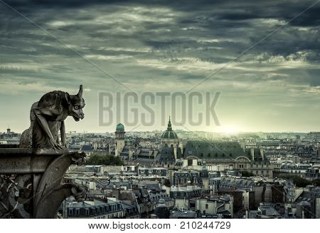 Chimera (gargoyle) of the Cathedral of Notre Dame de Paris overlooking Paris at sunset, France