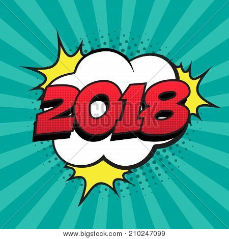 Retro comic speech bubble with colorful halftone shadow on green stripes pattern. Number 2018 text for New Year. Vector illustration, vintage design, pop art style.