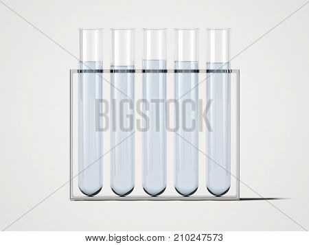 Five test-mixers with blue liquid isolated on white. 3d rendering