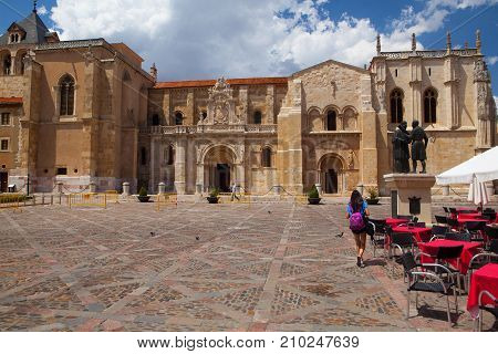 Leon Spain-July 5 2017: The Basílica de San Isidoro de Leon. It is located on the site of an ancient Roman temple. Its Christian roots can be traced back to the early 10th century when a monastery for Saint John the Baptist was erected on the grounds