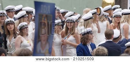 STOCKHOLM SWEDEN - JUN 13 2017: Happy swedish teenagers wearing graduation caps after graduation at the dance school Balettakademien June 13 2017StockholmSweden