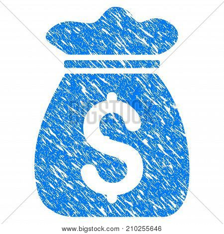 Grunge Money Bag icon with scratched design and scratched texture. Unclean vector blue Money Bag pictogram for rubber seal stamp imitations and watermarks. Draft emblem symbol.
