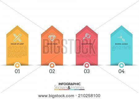 Four colorful pointer-like elements with numbers, thin line icons and text boxes inside, 4 features of business process concept. Minimal infographic design template. Vector illustration for brochure.