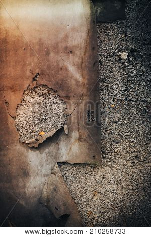 Black wall background. Grunge texture with stone and old iron parts